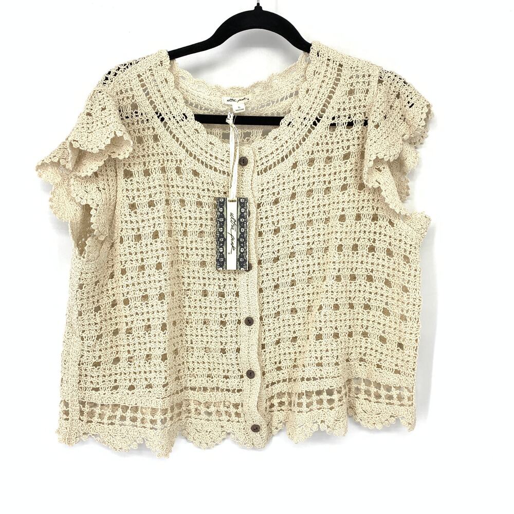 Ultra Pink Crochet Lace Cropped Button Front Top Women's XL Cream Boho NEW